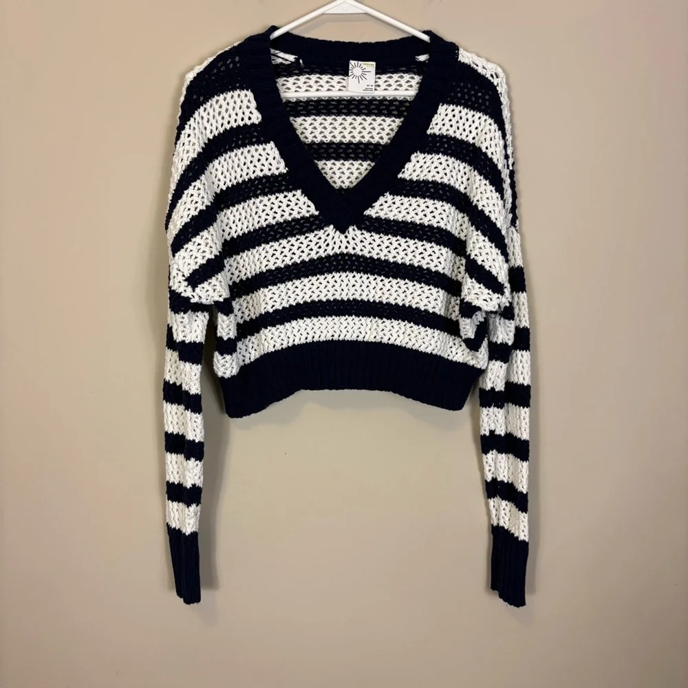 Aerie‎ Navy Blue and White Striped V-Neck Perforated Sweater Medium